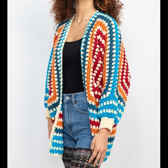 Fiesta Colorful Crocheted Granny Square Open Front Sweater Cardigan. M/L. NWT. - Picture 13 of 14